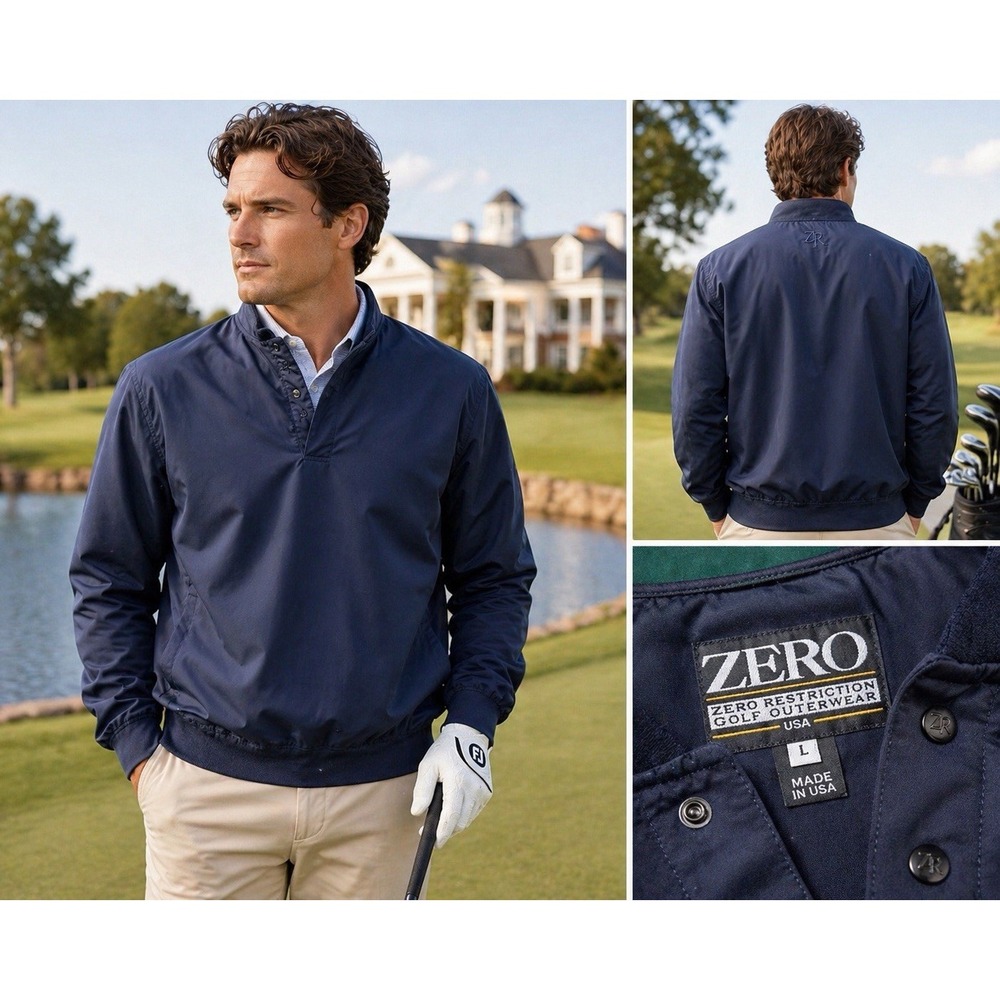 Zero Restriction Golf Windbreaker Mens L Navy Blue Made in USA Pullover
